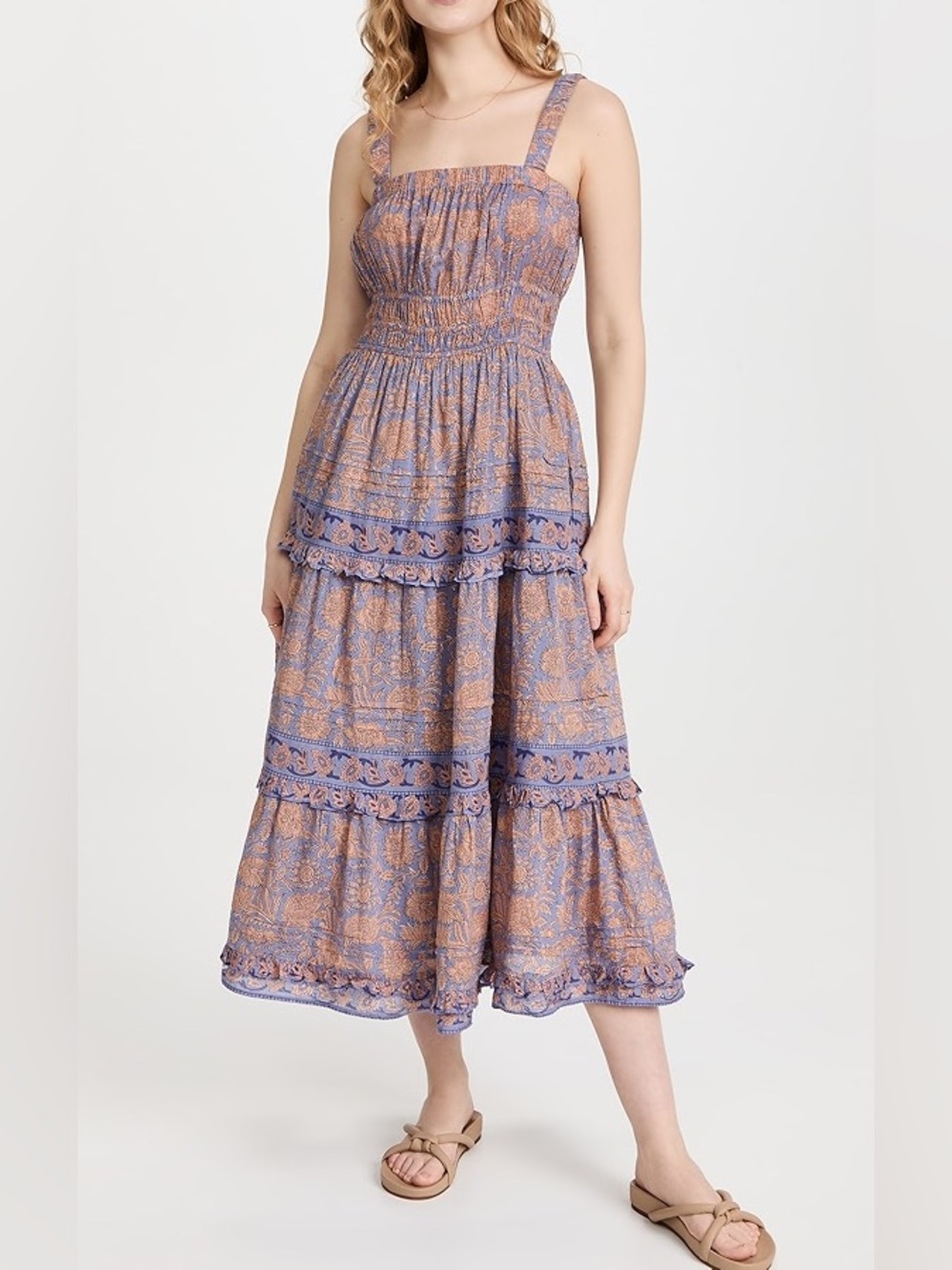 Cleobella Lavender Floral Tiered Midi Dress Organic Cotton Size S